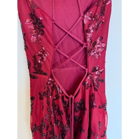 Sequined Burgundy Halter Evening Gown With Floral Embellishments & Lace-Up Back - Picture 4 of 6